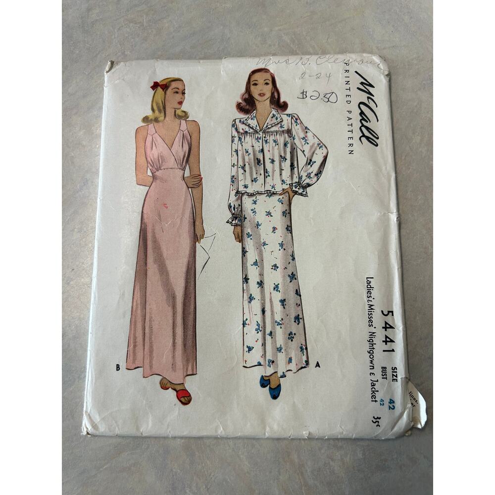 Vintage‎ 1943 McCall Pattern #5441 Ladies Nightgown and Jacket Size 42